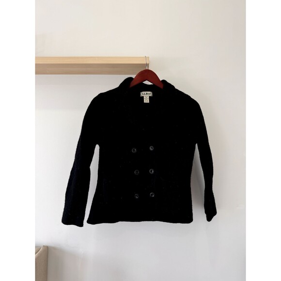 L.L. Bean Pea Coat Womens Small Black Double Breasted 100% Wool Jacket Vintage - Picture 1 of 5